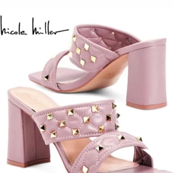 NICOLE MILLER Block Square-toe Studded Heel In Blush - Picture 11 of 11
